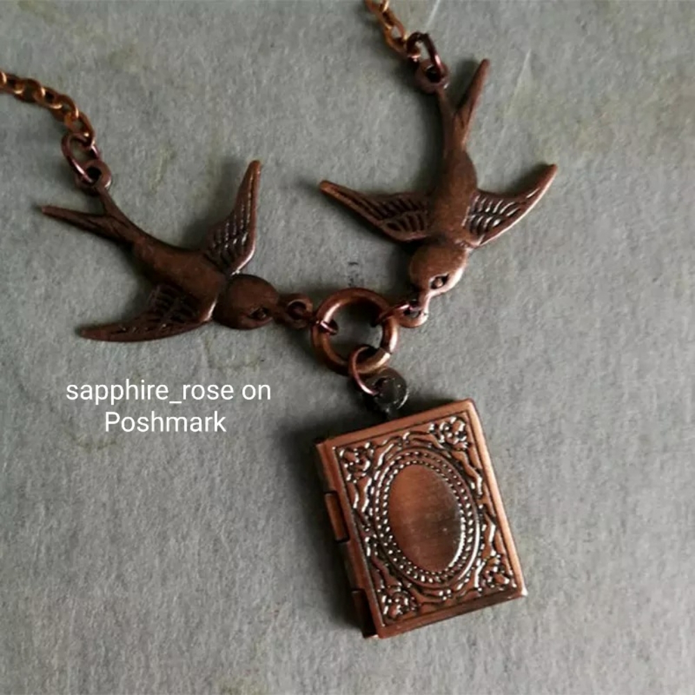 A Fairytale Story Book Locket Gently Held by 2 Birds Copper Womens Necklace Gift